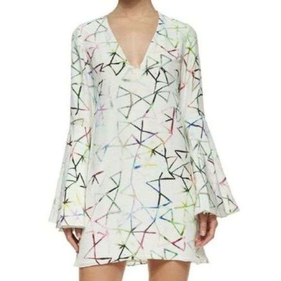 NWT ALEXIS White Silk Multicolor Abstract Print Bell Sleeve Shift Dress … - Picture 1 of 5